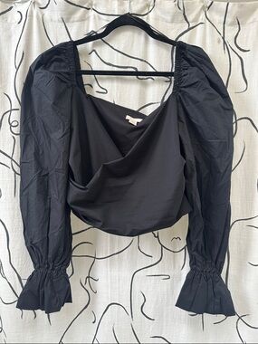 H&M Black Draped Puff-Sleeve Blouse